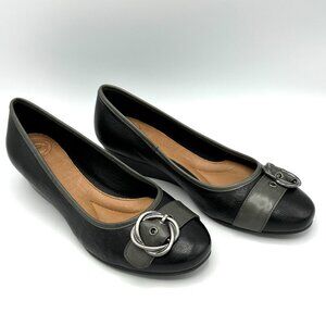 Nurture Canary 001 Black Wedge Heel Buckle Accented Shoes, Size 7-1/2 M With Box